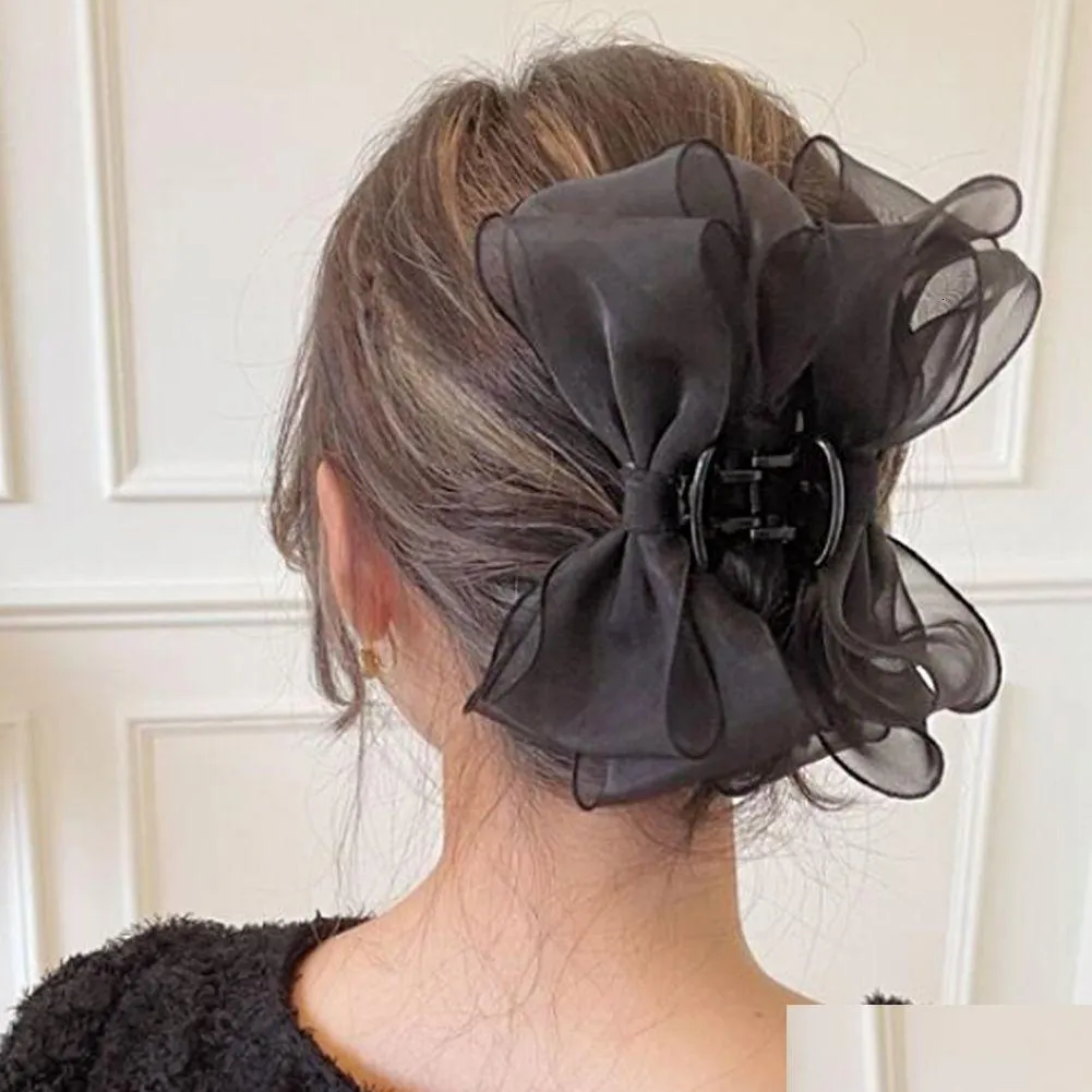 Clips de cheveux Barrettes Korea Sweet Mesh Tle Big Bow Claw pour femmes blanc Black Bowknot Clamp Hairpin Headress accessoires Shark Clip Dhveh