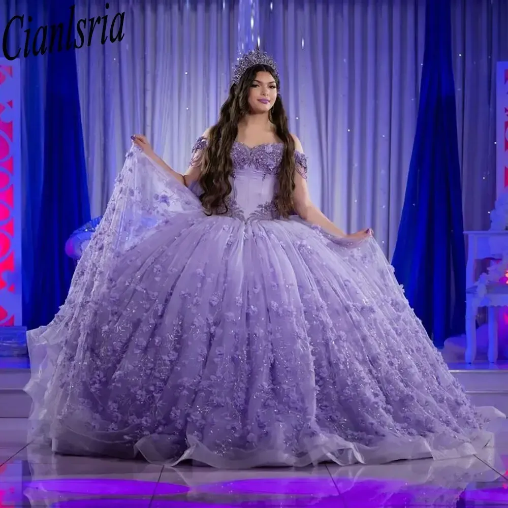 LILAC 3D Fleurs à paillettes Robe de boule de bille Quinceanera Robes de l'épaule perle du gland