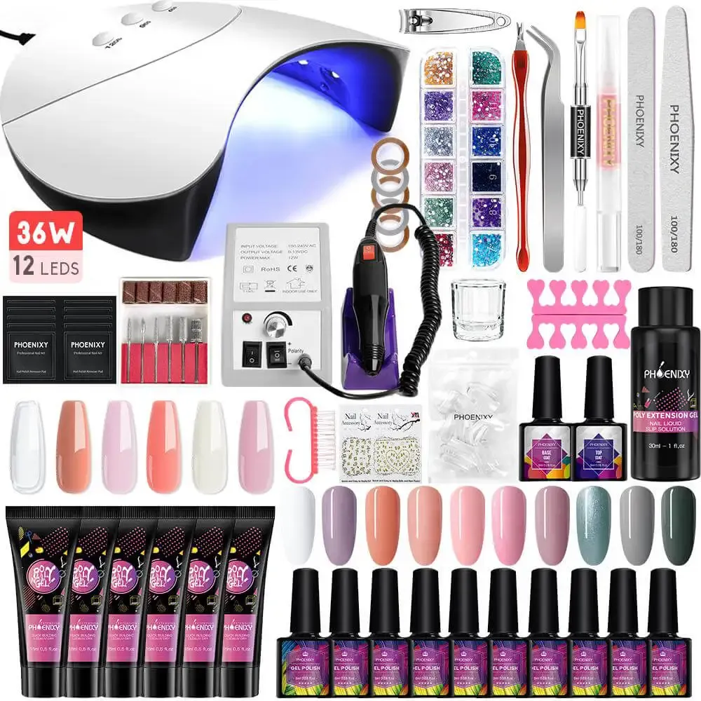 Kits Ensemble de vernis à ongles de gel phoenixy avec gel de lampe de séchoir à ongles 36W pour gel d'extension de clou semi-permanent gel complet