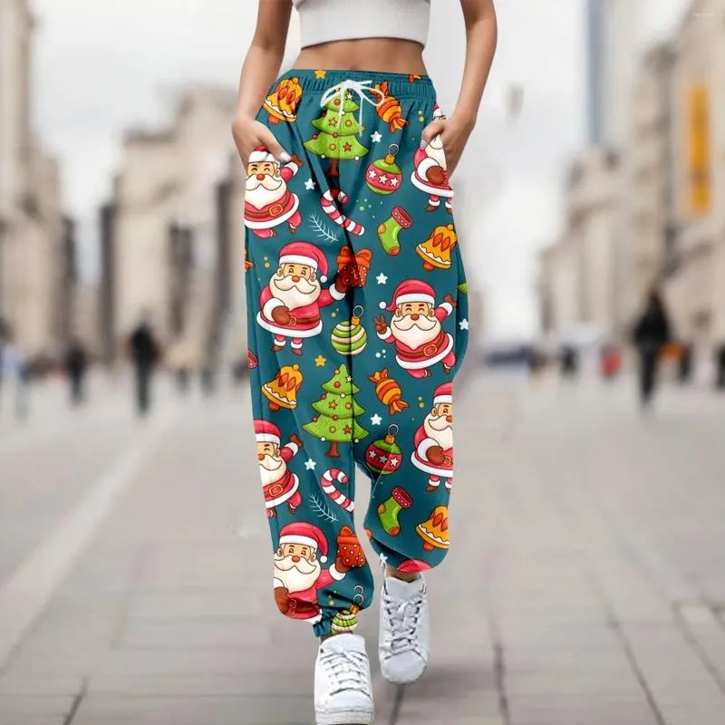 Pantalon féminin Christmas des femmes Joggers de mode Santa Claus 3D Pantal à jambes larges pantalons high-jumelle pantalon décontracté.