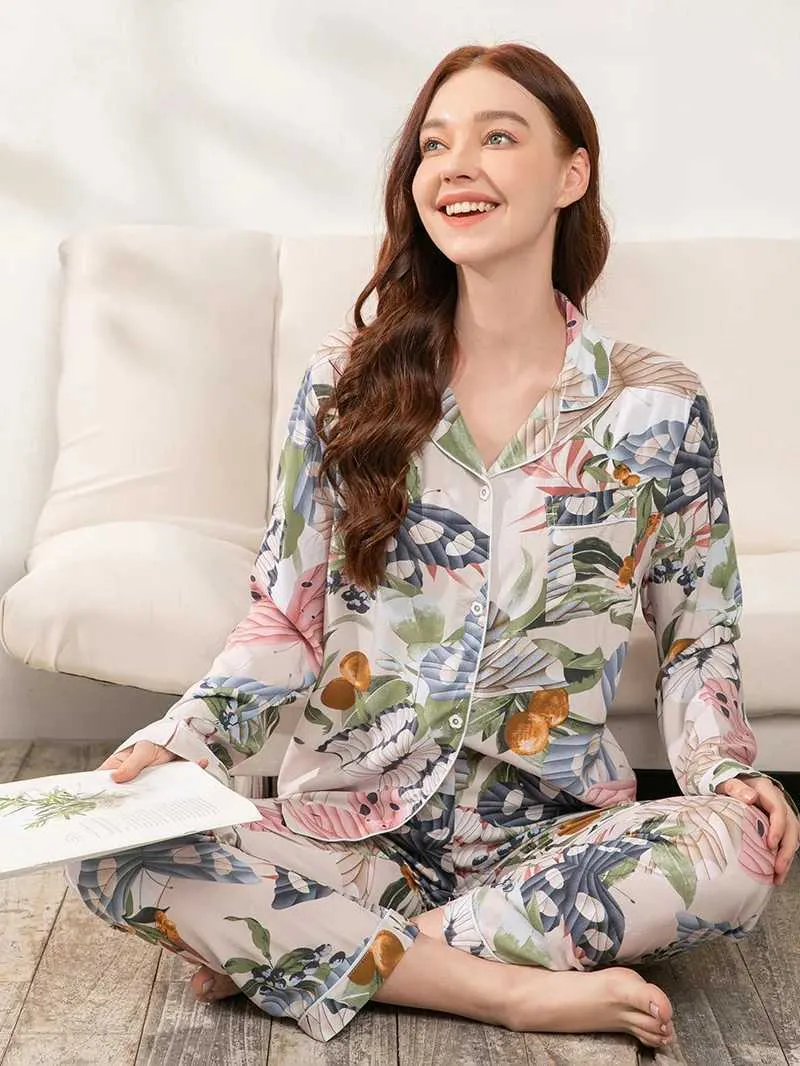 Styl sutowy w stylu sut w rozmiarze Plus S-3xl Women Slpwear Viscose Długie wydrukowane kardigan garniturek Pajama Pour Femme odzież domowa Y240426