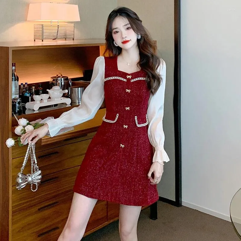 Patchwork Slim Bright Silk Chenille Sweet Casual Dress for Women - Main Image