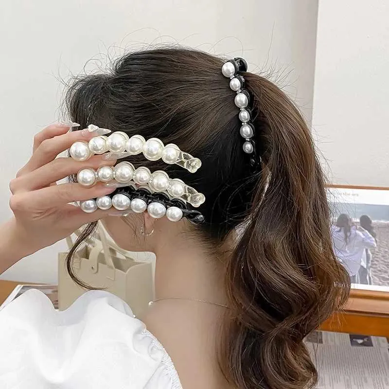 Clamps Pearls Hairpins Banana Clip for Women Ponytail Twist Claw Sweet Hairpin Girl Ponytail Barrettes Hairgrips Hair Accessories Y240425