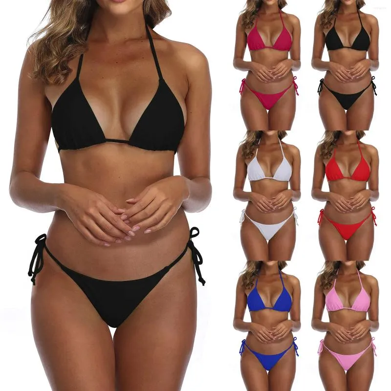 Kvinnors badkläder Kvinnor Solid Color Sexig Micro Triangle Bikinis String Bikini Baddräkter Bandage Black White Set for Women Beach