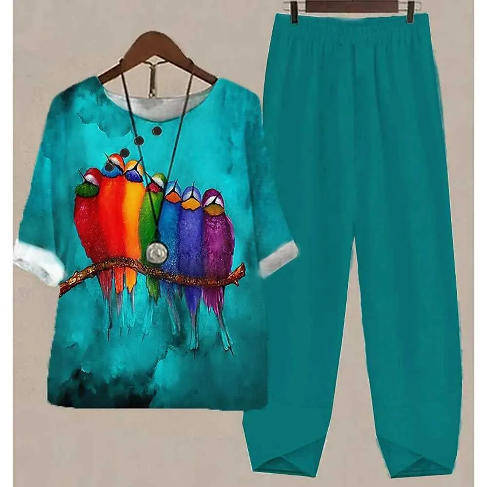 Calças de duas peças femininas o pescoço de pescoço curto verão de duas peças de duas peças calças de cintura alta papagaio impressão casual roupas soltas