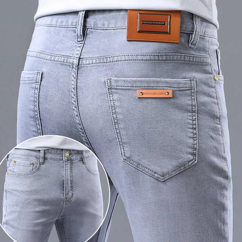 European Trendy Style Jeans for Mens Slim Fit Light Gray Elastic Washed Casual Small Straight Leg Versatile Long Pants Thin