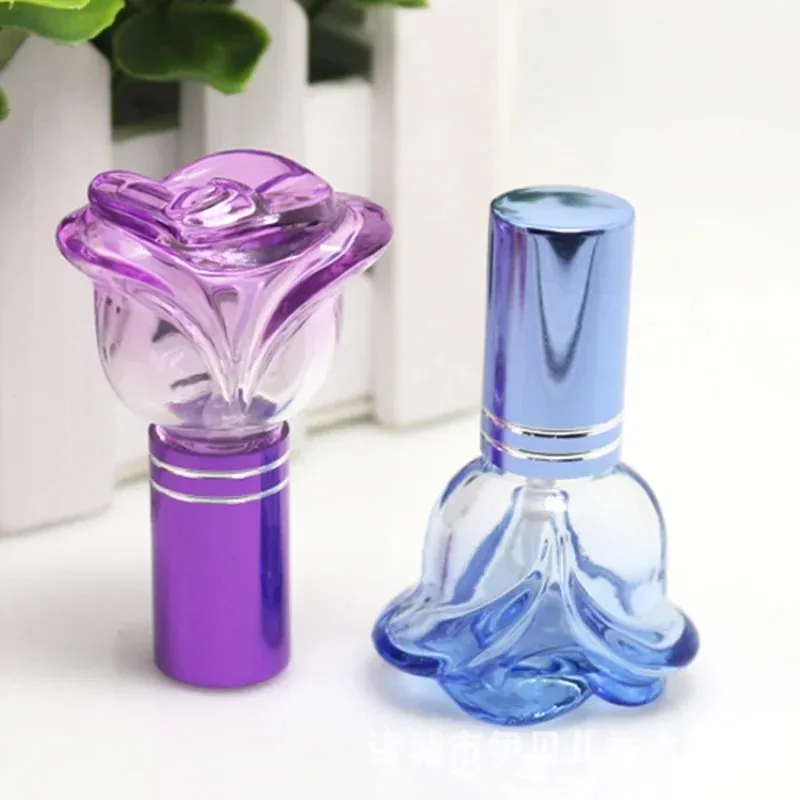 2024 6 ml colorido em forma de rosa vazia garrafa de perfume de vidro pequeno amostra pequena portátil parfume reabasteável pulverizador de perfume garrafa para garrafa de spray de vidro colorido