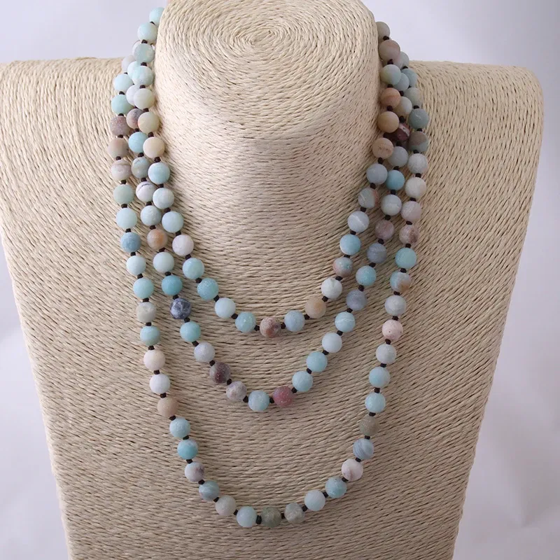 Necklaces Free Shipping long Knotted Beads Halsband Frosted Amazonite Stones Necklace