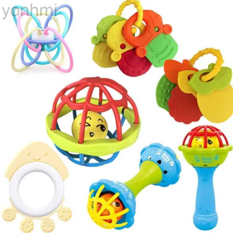 Mobiler# Baby Hand Grepp Ball Rattles Fitness Soft Rubber Hand Rattles Fish String Teether Spädbarn 0-1 år gamla utbildningsleksaker D240426