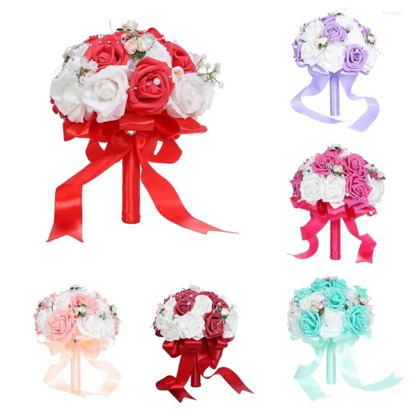 Fleurs décoratives Roses Pearl Bridesmaid Wedding Bouquet Bridal Artificiel Silk Outdoor Pot