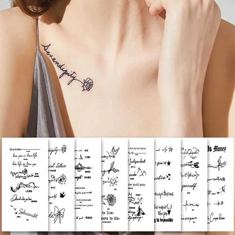 Tatuering Överföring Herbal Juice Tattoo 8st/Set Sexig English Letter CLAVICLE ARM Vattentät långvarig 15 dagar Fake Tattoo 240426