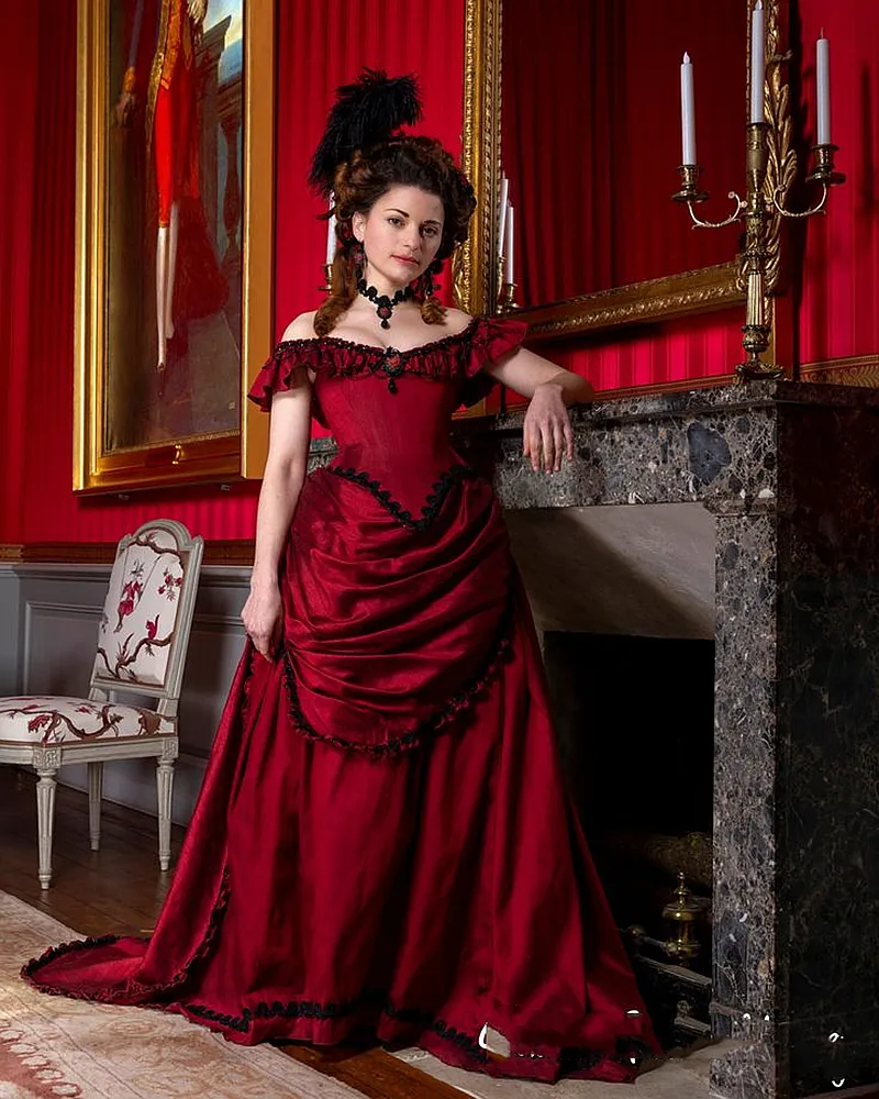 Vintage Dark Red Off-Shoulder Victorian Bustle Victorian style prom dress with Ruched Detailing - Perfect for Halloween, Masquerade, and Special Vintage Dark Red Off-Shoulder Victorian Bustle Victorian style prom dress with Ruched Detailing - Perfect for Halloween, Masquerade, and Special