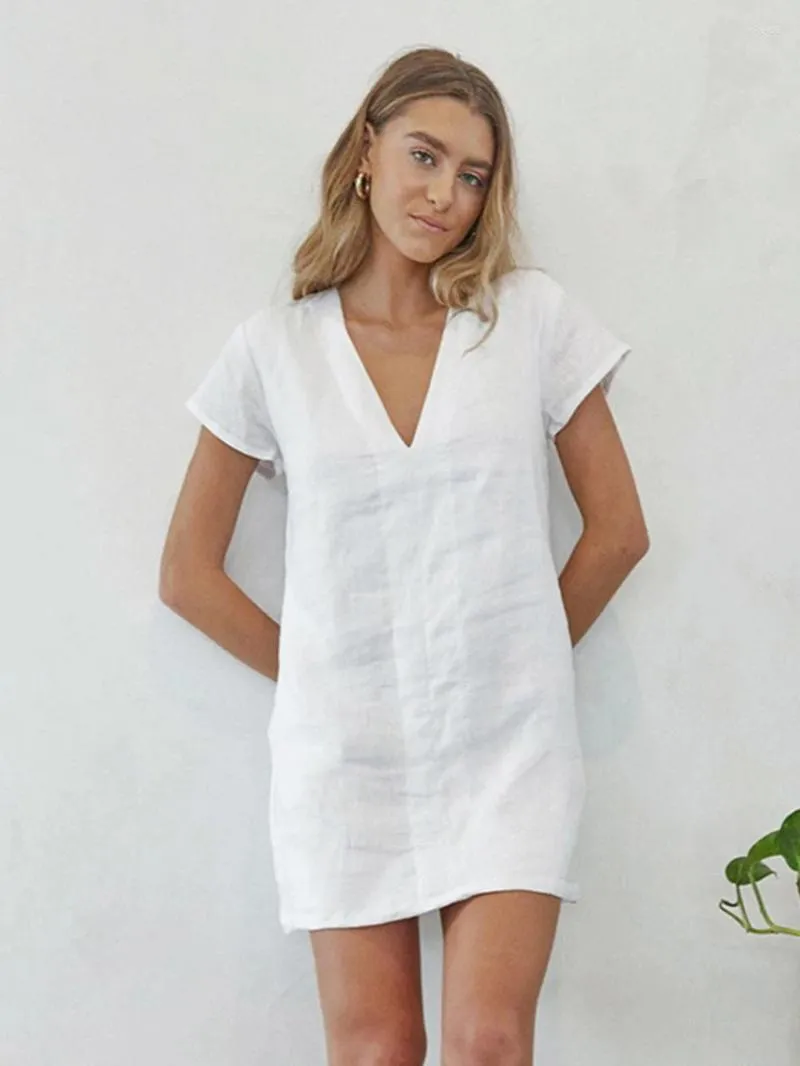 Vêtements de nuit pour femmes mathaqiqi blanc décontracté femelle sexy v-couches de nuit à manches courtes pyjamas en coton mini robe