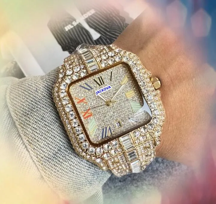 President Military Men Watches Shiny Starry Full Diamonds Ring rostfritt stålklocka kvarts batterikärna Supertid fyrkantig ansiktskedja armband titta