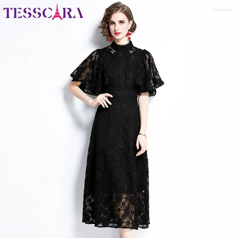 Robes de fête Tesscara Femmes Été Elegant Lace Robe Festa High Quality Office Robe Femme Runway Vintage Designer Black Vestidos