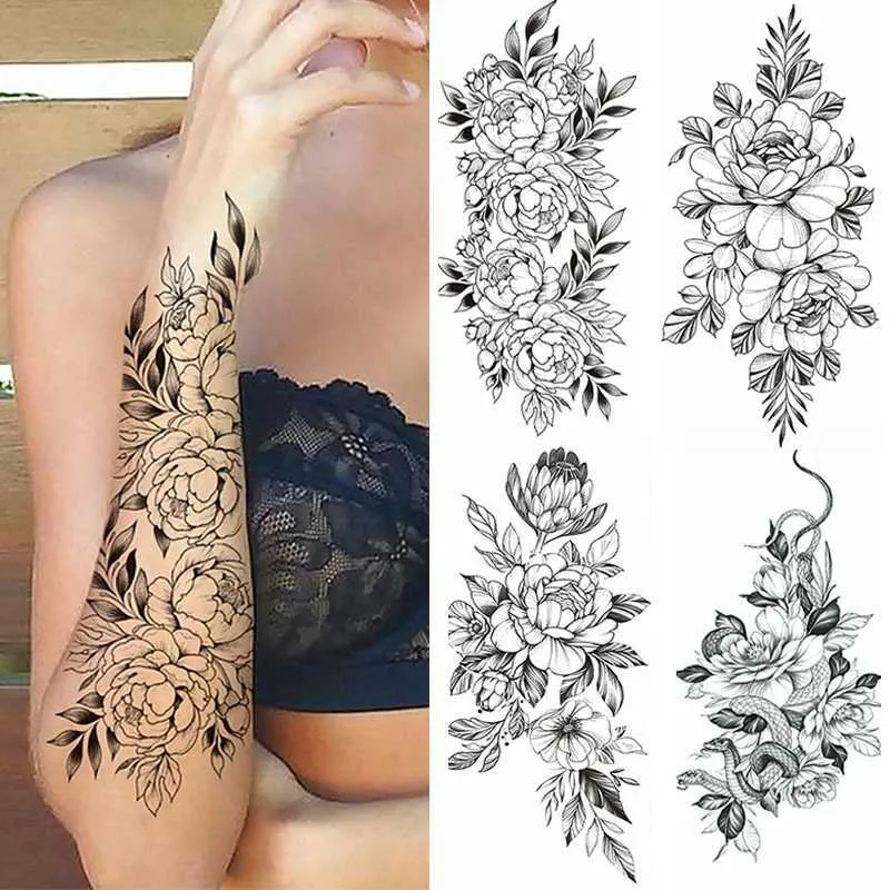 Передача татуировки черный цветок Временный татуировок наклейка рука в рукав розовая луна бабочка змея Хенна украсит реалистичные фальшивые 3D женщины Тотем 240427