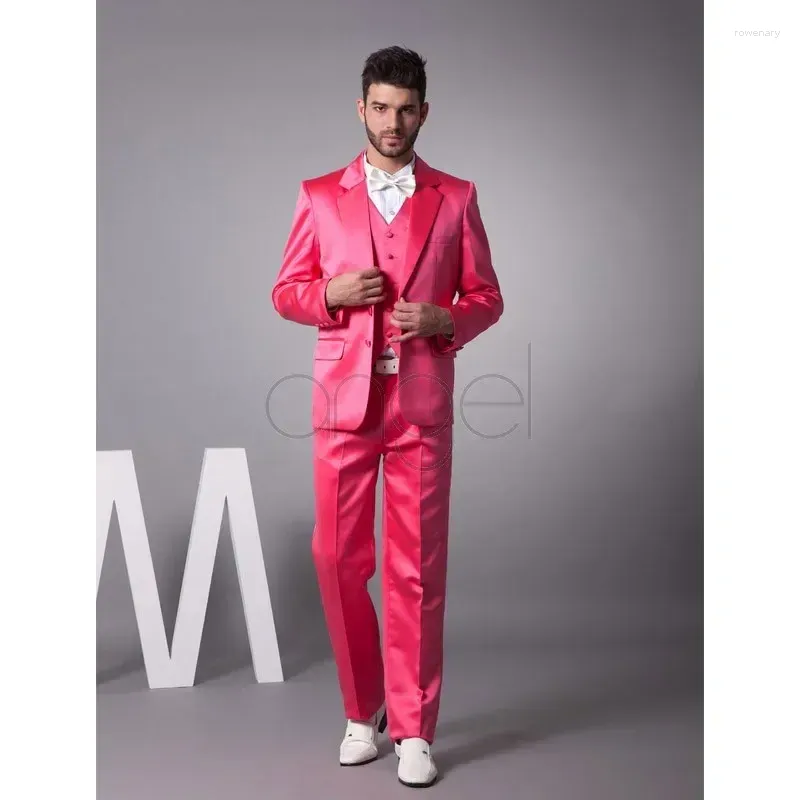 Mäns kostymer rosa satin män passar högkvalitativ jacka smal passform 3 stycken brudgum stil tuxedo anpassad prom blazer ternos kostym homme