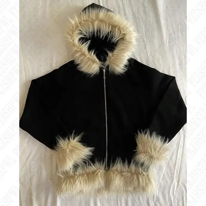 Y2k Mens Faux Fur Collar Hoodie Retro Hip Hop Punk Gothic Fashion
