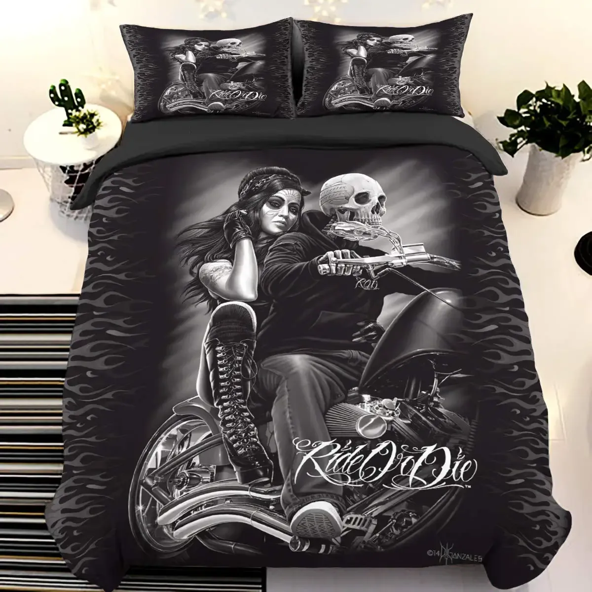 Ensemble de couvercle de couette de crâne queen, ensemble de literie de crâne noir imprimé en 3D, coquette de couette de moto de décoration d'Halloween décor