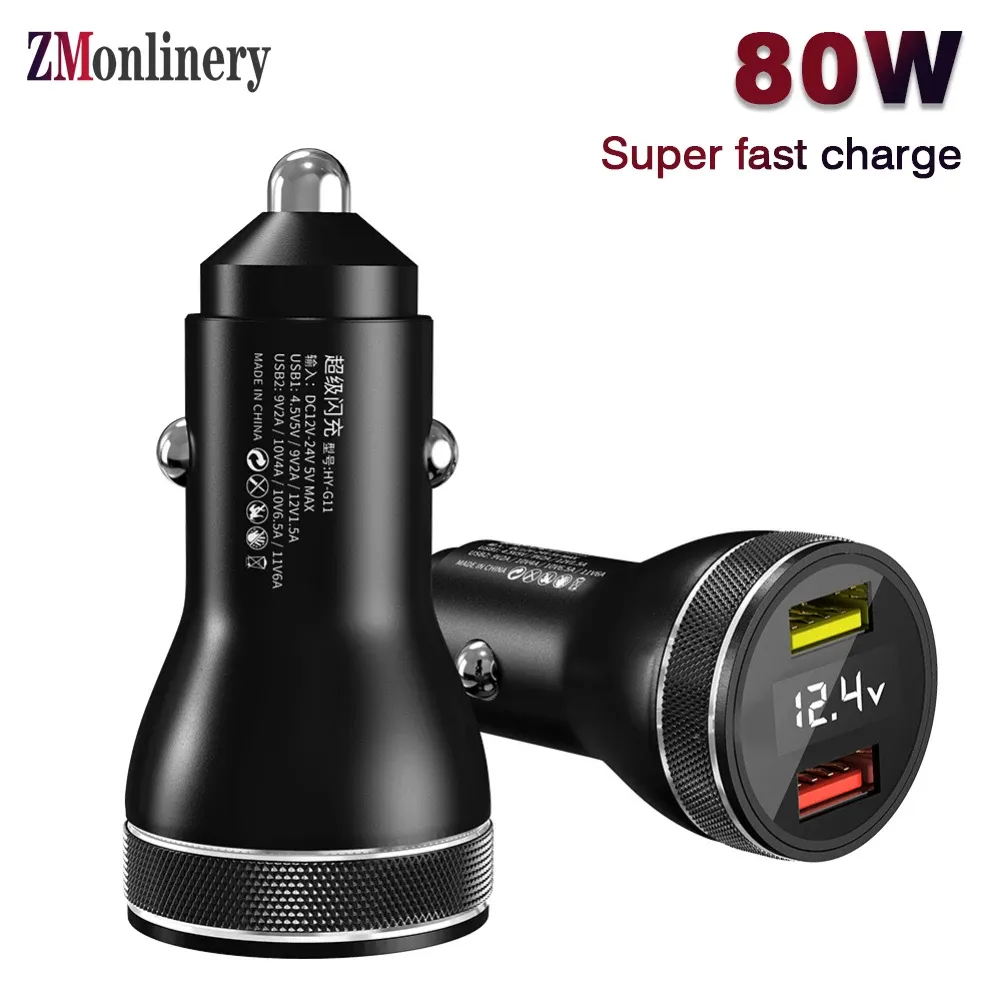 Laddare Zmonlinery 80W USB -bil Display 2 portar snabb laddning för OnePlus 10 9 Pro 9RT 9R VOOC Flash Charge Charger Digital Carchargers