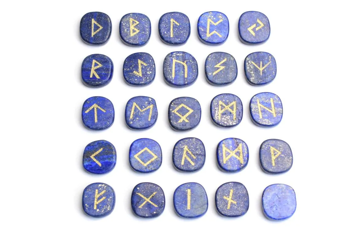 25 pièces Lapis naturel lazuli Crystal Reiki guérison Palm Palm Stones Gravé Pagan Lettrage Wiccan Rune Stones Set avec un Fre7690026