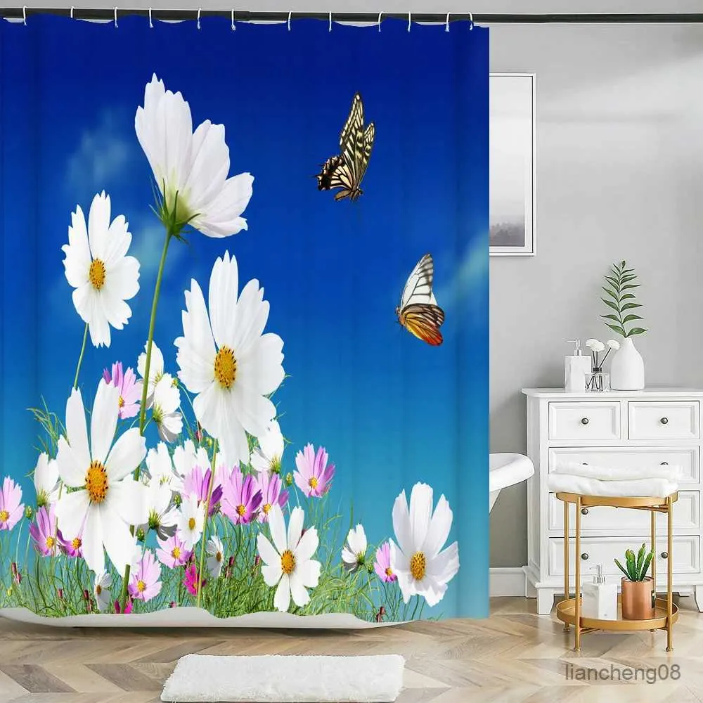 Tende da doccia Tenda per doccia impermeabile con 12 ganci bellissimi tende da bagno a fiori stampati naturali colorati.