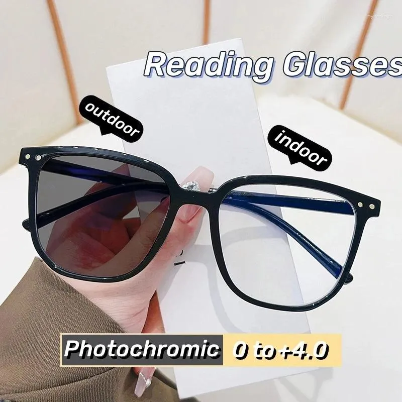 Sunglasses Women Men Ultralight Large Frame Reading Glasses Color Changing Presbyopia Finished Anti Blue Light Eyewear Diopter