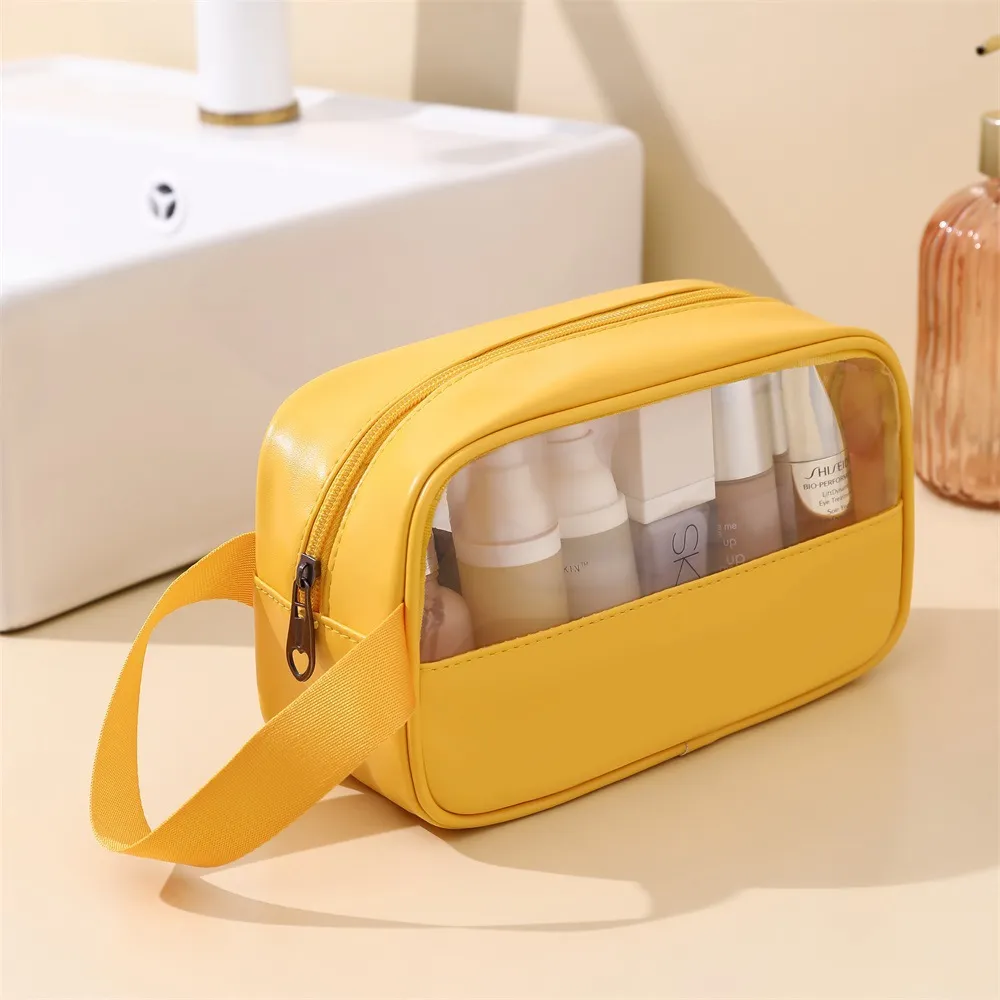 New Transparent Makeup Wash Bag Portable Pu Bath Bag Waterproof Large Capacity Storage Bag Pvc Splicing Cosmetic Bag