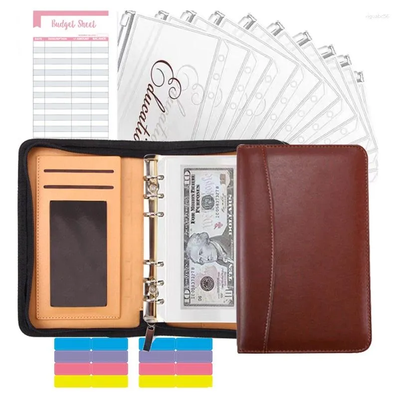 Affärsbudgetplanerare PU Leather Folder Padfolio Binder Cash Envelope Organizer med Clear Zipper for Man