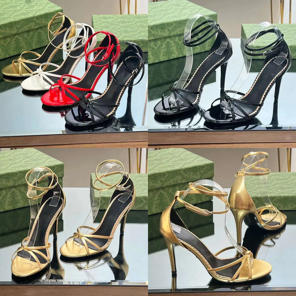 Kobiety Sandal Sandal Metallic Gold Black High Heels Patent Pasek kostki