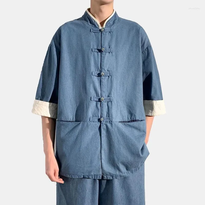 Erkekler sıradan gömlekler erkek Çin vintage tarzı ekleme denim gevşek kısa kollu stant yaka yaz artı erkek gömlek için boyut bluz