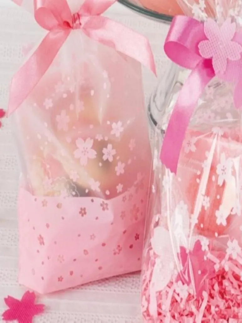 100pcslot DIY Candy Cookie Biscuit Bag Clear Pink Cherry Blossoms Printed Gift Bag Small Plastic Packing Bags For Wedding Party7407210