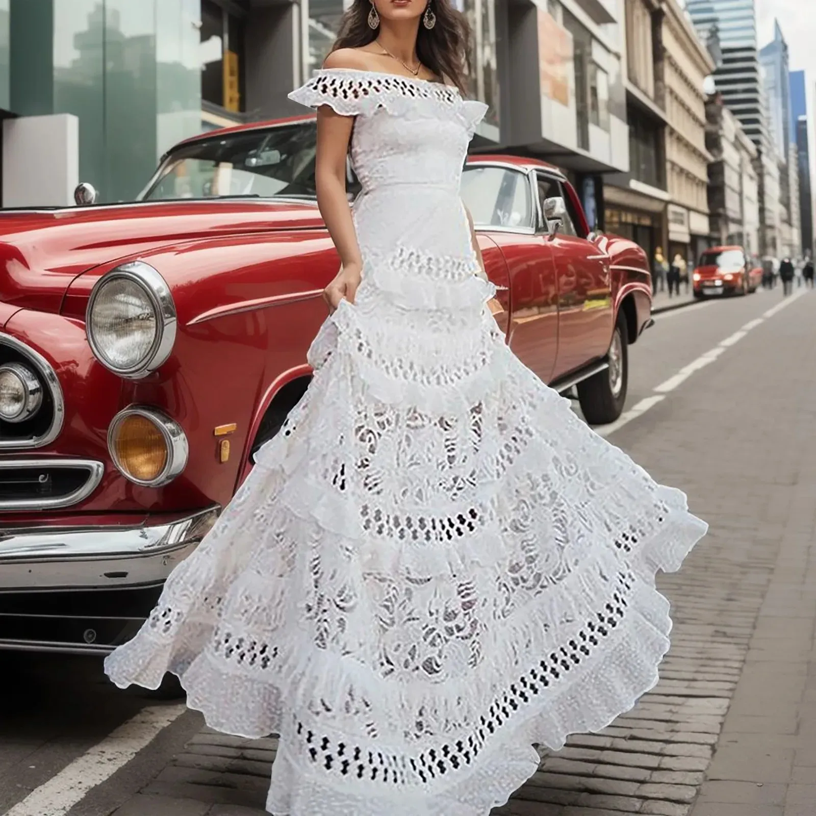 Hollow Out Lace Sukienki Kobiety eleganckie przyjęcie weselne na ramię Formalne suknia wysoka talia biała długie sukienki maxi 240424