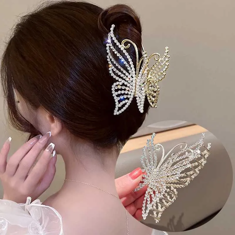 Klemmen voortreffelijke strass Butterfly Hair Claw -clips voor vrouwen Elegant Pearl Hair Crab Barret Hoofddeksels Haarclip paardenstaartclip Y240425