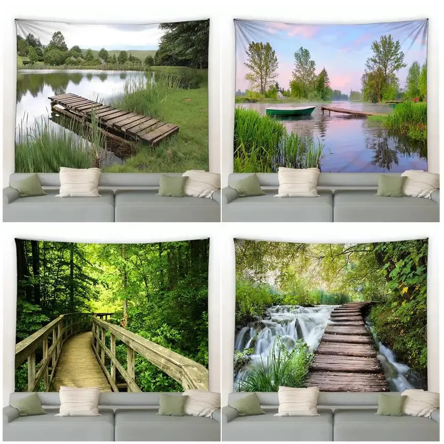 Landsbygdens naturlandskap Tapestry Forest Plant Rustic Wood Bridge Waterfall Fabric Wall Hanging Living Room Bedroom Garden Decor 240415