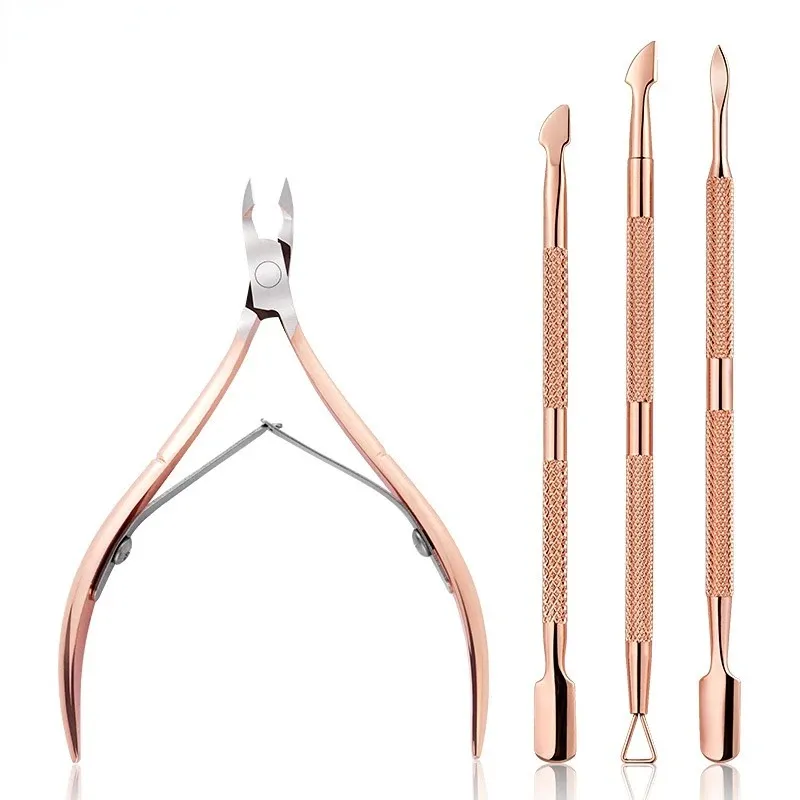 Stainless Steel Double Head Nail Art Dead Skin Pusher Cuticle Nipper Scissors Manicure Set Rose Gold UV Gel Remove 2/