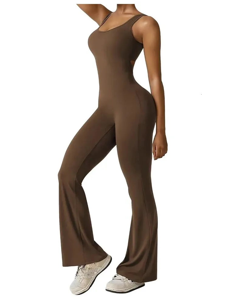 2024 Summer Damskie Slim Hip Suit U szyja seksowna bez pleców rękawów Flase Pants Aktywność Sport Yoga Wear 240410