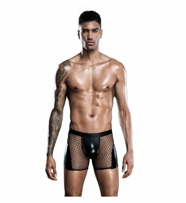 Sexy Men Mesh Shorts Leather Underwear Brief Boxer PVC Lingerie Seethrough Club Dance Wear Bodysuit Costume2170082