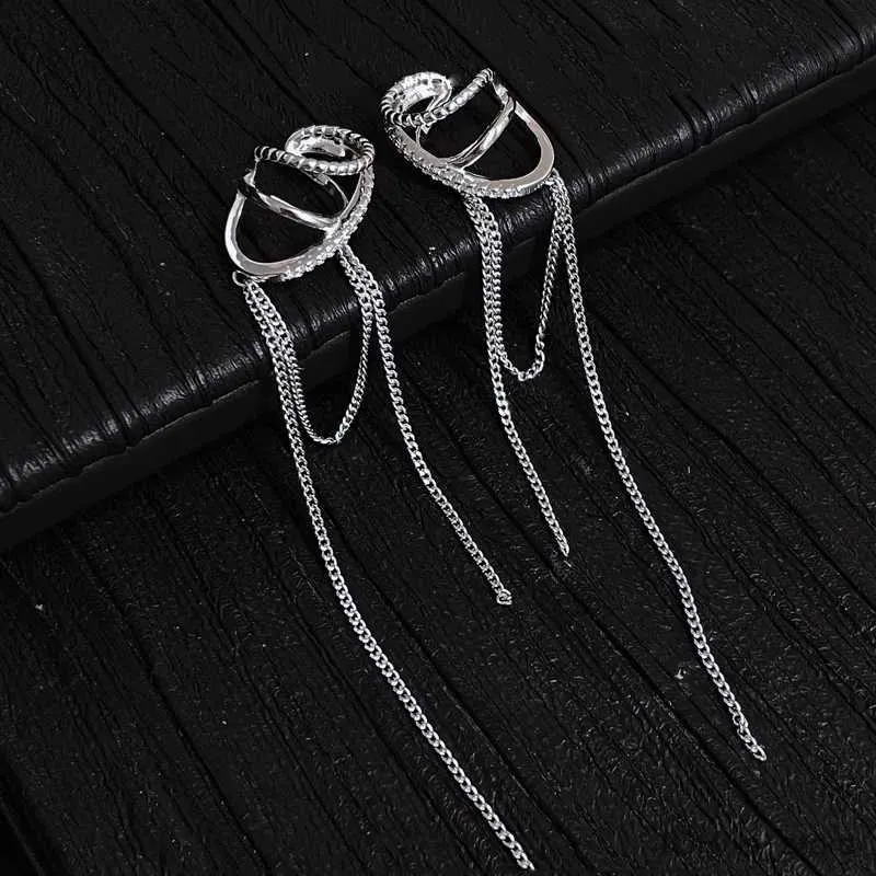 Charm 1PC Silver Color Crystal Tassel Non-Piercing Ear Cuff Clip on Earrings For Women Shiny Zircon Long Chain Fake Cartilage Jewelry