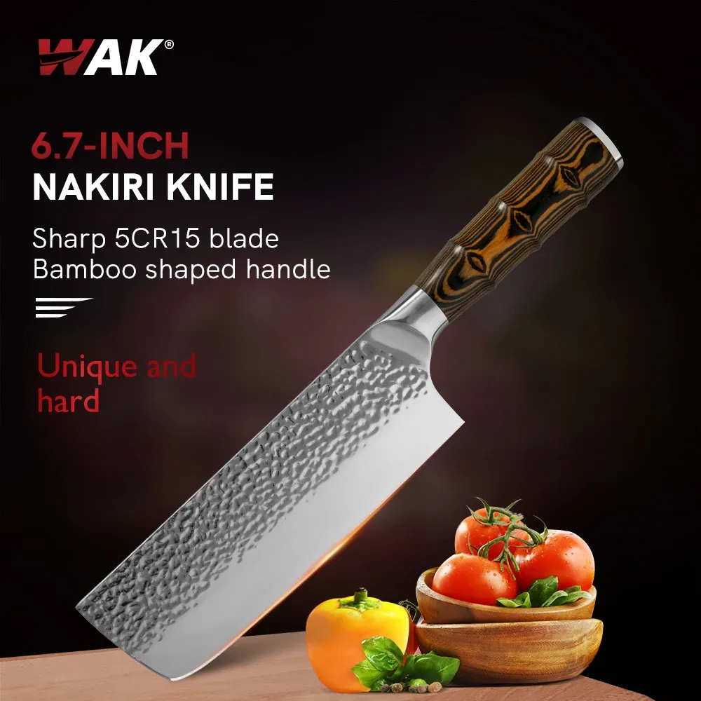 Apparater WAK 5CR15 Kök Nakiri Kniv hårdhet 6,7 tum Kött Vegetabilisk kniv Pakka Wood Kitchen Knives Bamboo Shaped Handle Knife Knife