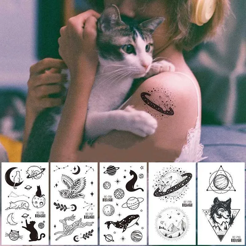 Transfert de tatouage mignon petit tatouage temporaire autocollants noirs espace animal lune chat baleine oiseaux tatouage tatouage transfert d'eau tatouage de doigt à main 240427