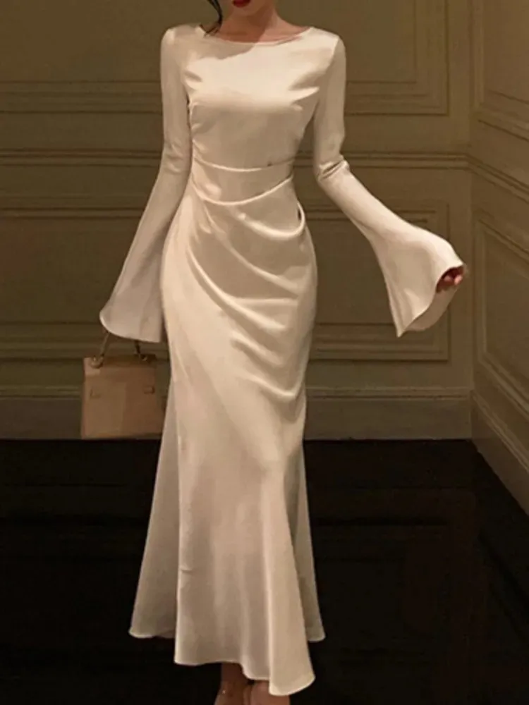 Autumn Elegant Solid Midi Dress Women Flare Sleeve Slim Mermaid Spring French Vintage Wedding Party Vestidos Robe Mujers 240423