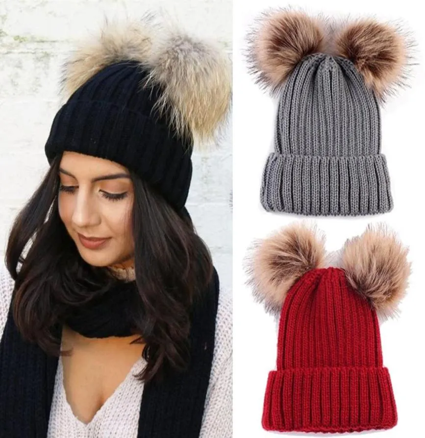 Winter Beanie Hat for Women Knitted Double Pom Pom Faux Fur Raccoon Ball Cap Bobble Skull Hats6979311