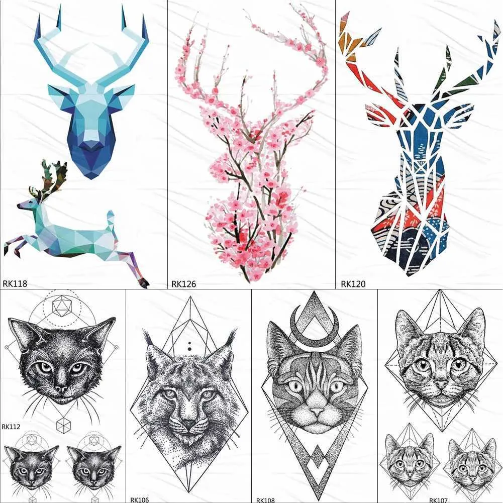 Trasferimento tatuaggio Ommgo Cherry Blossoms rosa geometrica TEMPORARI TATTOO Sticker Foresta Totem Tribal Deer Fore Deer Tattoos Bambini Tatoo Body Arm 240427