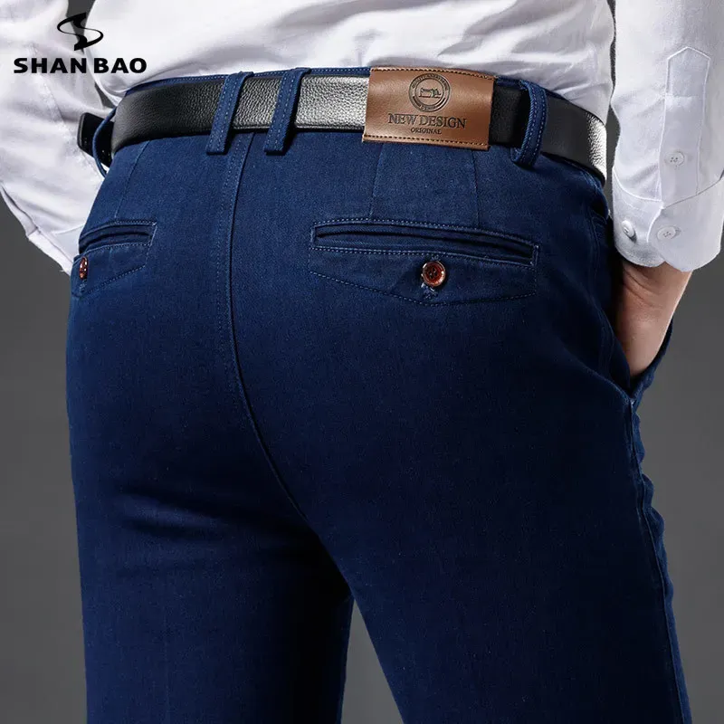 Shirts Shan Bao 2022 Autumn Winter Brand Classic Pocket Straight Loose High Waist Jeans Business Casual Men's Stretch Jeans Trousers