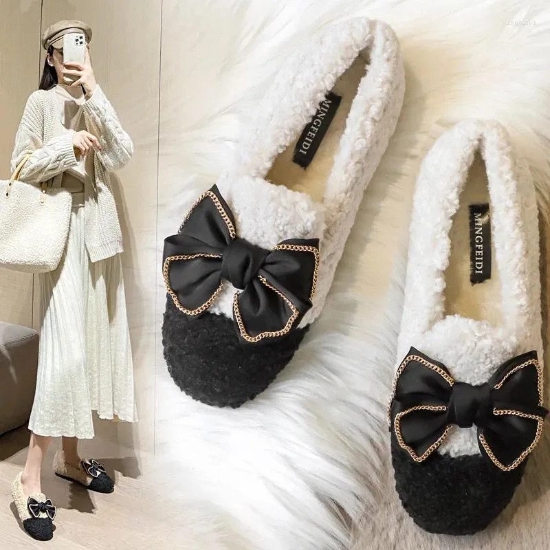 Casual Shoes Lamb Wool Leffer Round Head Color Matching Women Wear Large Women's With Plush Soft Bottom In Winter