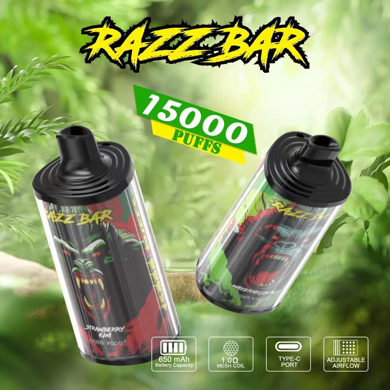 Razzbar 15000 퍼프 15k 퍼프 일회용 vapes 26ml 사전로드 된 650mAh 충전식 펜 일회용 vaper 2% 5% 일회용 전자 담배 퍼프 15K