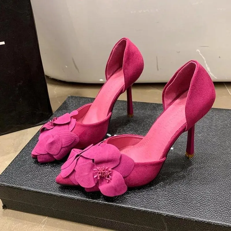 Dress Shoes For Women Rose Red Flower Decorative High Heels Pumps Sexy And Fashionable French Fine Heel Pointed Single