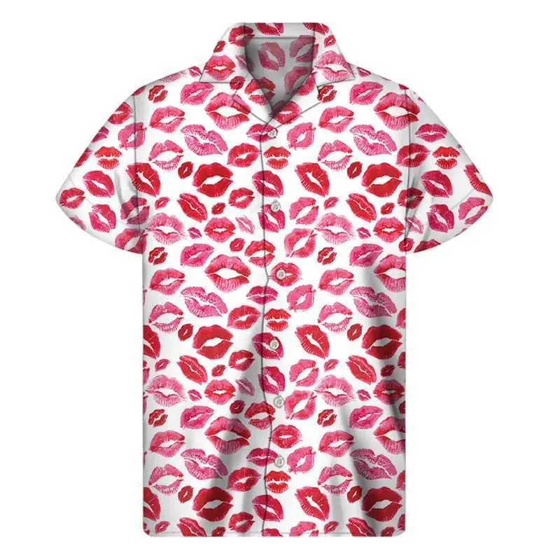 Casual shirts voor heren mode Rode lippen 3d geprinte shirt mannen vrouwen zomervakantie los