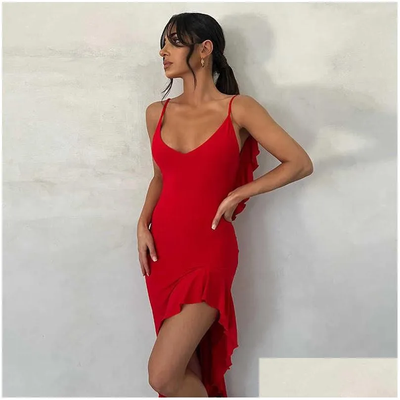 Tweedelige jurk dames 2023 zomer nieuwe v-neck houten oor band split open achterkant mouwloze drop levering kleding kleding sets dhjsz